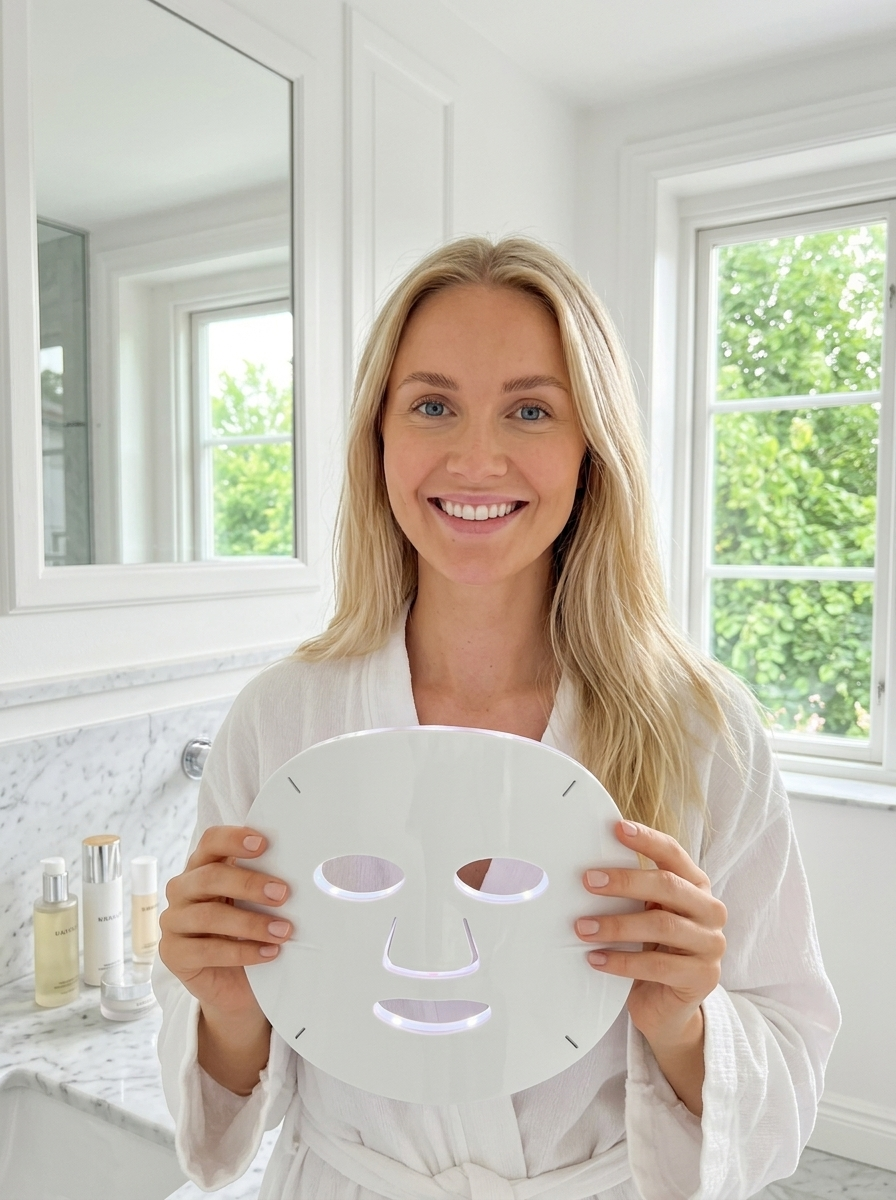 GlowFace UGC - håller upp mask i badrummet